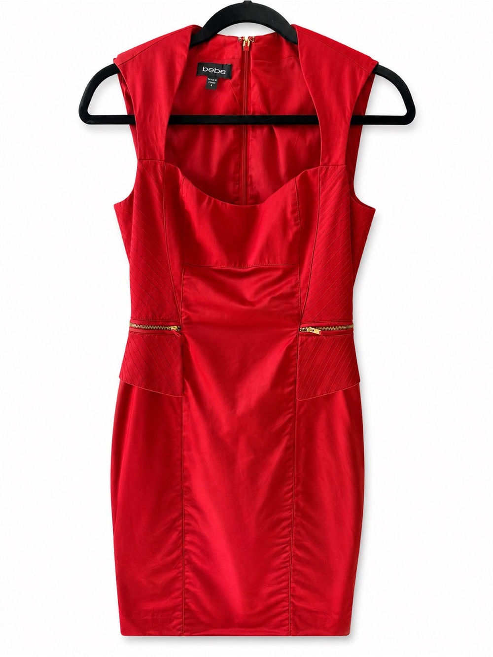 Bebe Red Bodycon Peplum Mini Dress Gold Zipper Sleeveless Y2K Size 2
